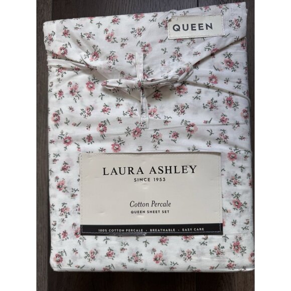 NEW 4pc Laura Ashley Queen Sheet Set Cottage Floral PETITE FLEUR PINK & Green - Picture 1 of 5